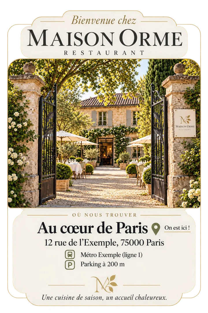 Où nous trouver : Maison Orme, au cœur de Paris, 12 rue de l'Exemple, 75000 Paris. Métro Exemple (ligne 1), parking à 200 m.
